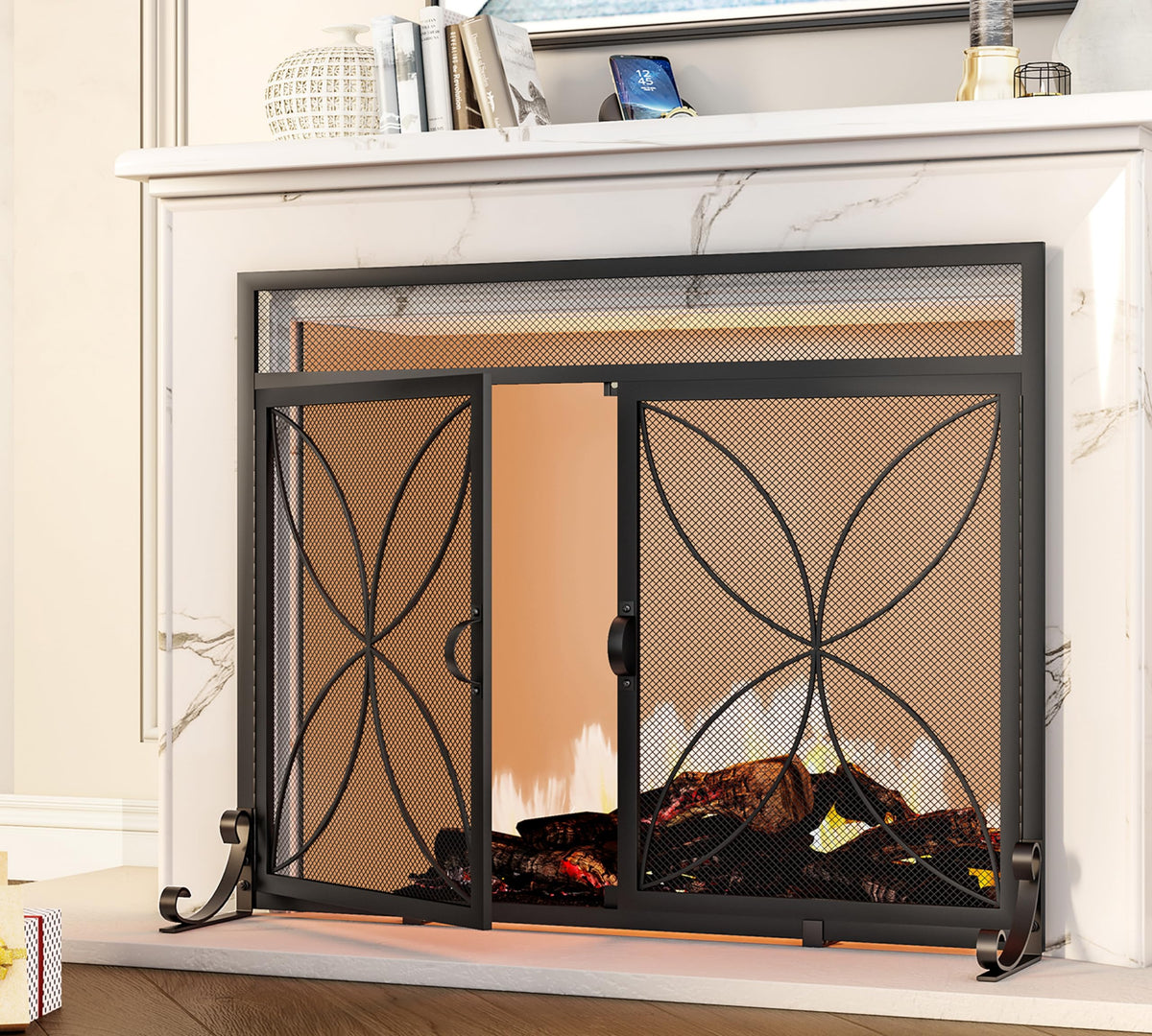 Black Metal Fireplace Screen Magnetic Doors P5102